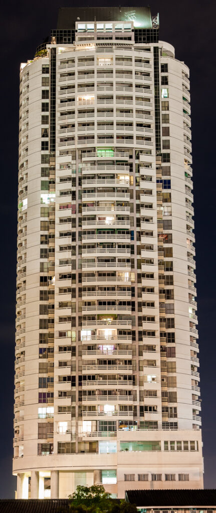 Evergreen View Tower night blue hour