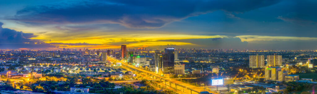 Panoramic picture of Evergreen View Tower Bangkok to show the view looks from the building towards the city...